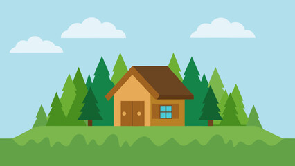 Naklejka premium Grass Roof House in Wild Nature Eco Home Vector Art