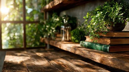 This serene image captures a rustic shelf adorned with plants and vintage books, bathed in warm sunlight, creating a peaceful atmosphere for book lovers and nature enthusiasts.