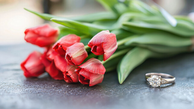Romantic proposal scene featuring diamond ring beside bouquet of red tulips, symbolizing love and commitment - Powered by Adobe