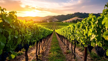 Naklejka premium Lush vineyard at sunset
