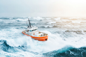 Fototapeta premium Brave tugboat navigates through stormy sea, battling fierce waves and strong winds, showcasing resilience and determination