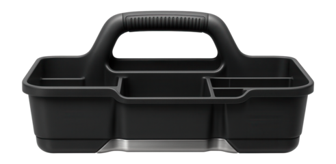 Lightweight tool caddy with a handle for quick access in a car trunk.