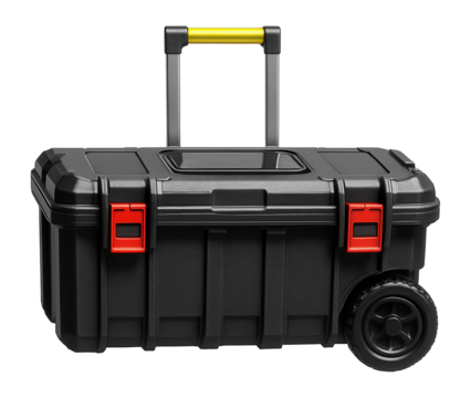 Heavy-duty wheeled toolbox with telescopic handle for transporting to remote job sites.