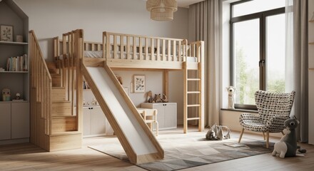 wooden staircase, loft bed in a scandinavian bedroom 