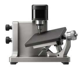 Benchtop engraving machine with a tilting worktable for engraving cylindrical objects like mugs.