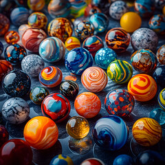 Obraz premium A collection of colorful glass marbles on a dark surface.