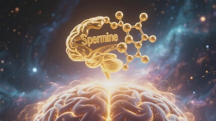 Spermine Molecule Overlaid on a Brain with Cosmic Background