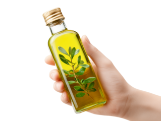 An elegantly poised hand tenderly cradles a glass bottle of olive oil, beautifully lit to highlight the rich, golden hue within.