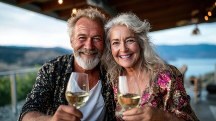 An elderly couple raises their glasses of white wine, celebrating together against a beautiful backdrop of hills and valleys, radiating joy and warmth in their smiles.