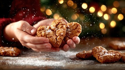 Two hands gently hold heart-shaped cookies dusted with powdered sugar, symbolizing love and warmth, beautifully captured in a cozy, festive setting filled with joy.