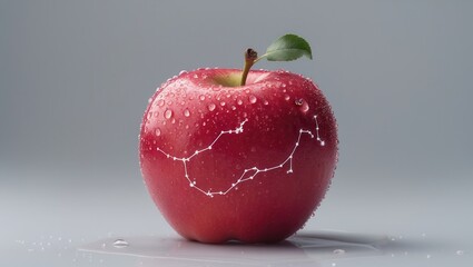 Fresh red apple with droplets of water on a grey background, showcasing natural sheen and texture