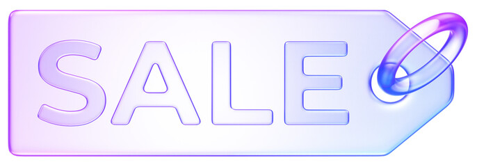 3D sale tag icon in purple blue translucent glass style, symbolizing discount, promotion, deal, offer, or price reduction