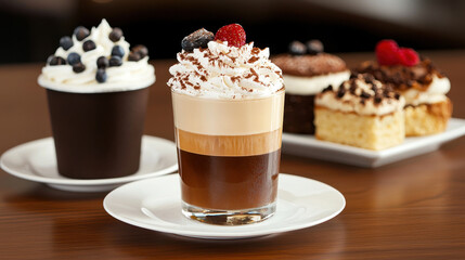 Delicious coffee layered with cream and topped with chocolate, served alongside tempting pastries and desserts