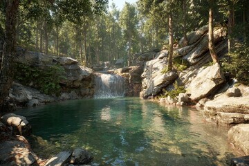 Naklejka premium Tranquil forest pool with waterfall. Sunlight filters through trees onto a clear pool fed by a small waterfall cascading over rocks. Lush greenery surrounds the scene