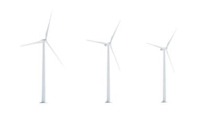 Three identical, stark white wind turbines with slender towers and three blades, perfectly aligned on a vast, transparent plain, illuminated by shadowless studio lighting, emphasizing clean lines