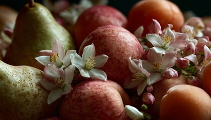 A stunning arrangement of autumn fruits and delicate blossoms, showcasing natural beauty and harmonious colors in a still life.
