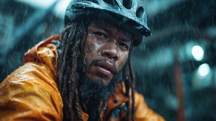 A close-up of a determined cyclist with dreadlocks in vibrant rain gear. The image captures the essence of perseverance amidst challenging weather conditions.