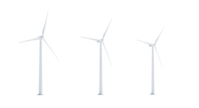Three identical, stark white wind turbines with slender towers and three blades, perfectly aligned on a vast, transparent plain, illuminated by shadowless studio lighting, emphasizing clean lines