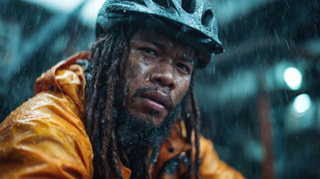 A close-up of a determined cyclist with dreadlocks in vibrant rain gear. The image captures the essence of perseverance amidst challenging weather conditions.