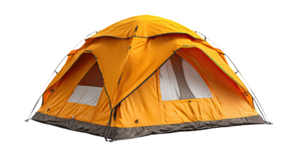 Orange camping tent, angled view, isolated