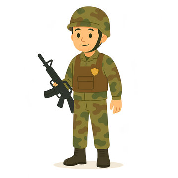 Cartoon Soldier in Camouflage Uniform Holding Rifle &ndash; Flat Style Full-Body Military Character