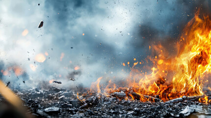 Fototapeta premium Dramatic scene of fire and smoke, showcasing flames and ash in chaotic environment, evoking sense of danger and destruction