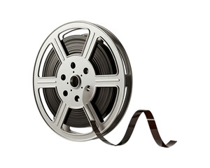 Obraz premium Close up of a classic film reel with a strip of film unwinding. Concept of filmmaking, movie production, vintage cinema, and nostalgia.