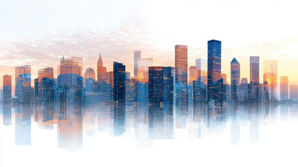 Stunning city skyline at sunset, showcasing tall buildings and reflective surface that enhances urban landscape beauty