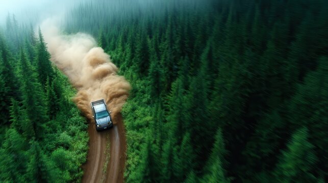 A rugged vehicle navigates a winding dirt road through a dense green forest, creating a thrilling sense of adventure and connection with nature's wild beauty.