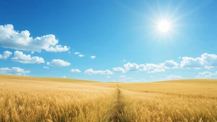 Obraz premium Golden wheat field under a bright blue sky with fluffy white clouds and shining sun