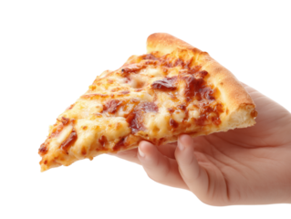 Capturing the irresistible charm of a classic pizza slice, held delicately in a hand