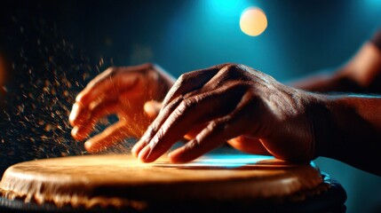 Expressive hands skillfully drumming on a surface, capturing the energy and rhythm of music, highlighting the emotional connection between the musician and their craft.