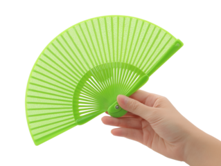 An up-close shot captures a delicate, verdant hand fan, held gracefully, its form both practical and aesthetically pleasing.