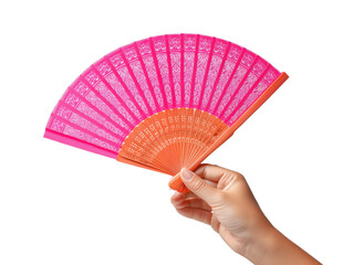 A delicate hand holds a vibrant pink and orange fan
