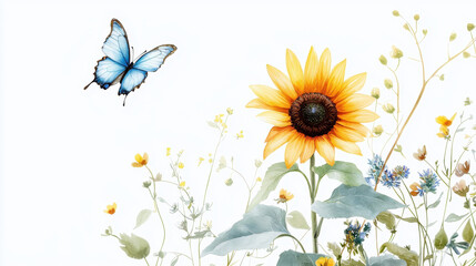 Vibrant sunflower stands tall beside delicate blue butterfly, surrounded by lush greenery and wildflowers, creating serene