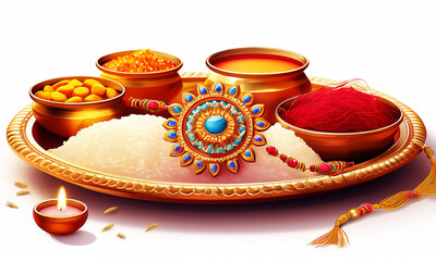 Set of rakhi with kumkum and sweet in thali, raksha bandhan concept
