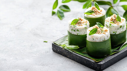 Delicious vegan Thai coconut dessert made with rice, wrapped in banana leaves, garnished with herbs and nuts