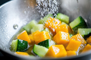 Fresh kabocha squash and cucumber pieces are being rinsed in metallic bowl, creating refreshing scene