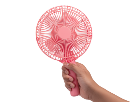 A hand-held fan, held in the embrace of a hand. the fan provides a refreshing escape from the heat.