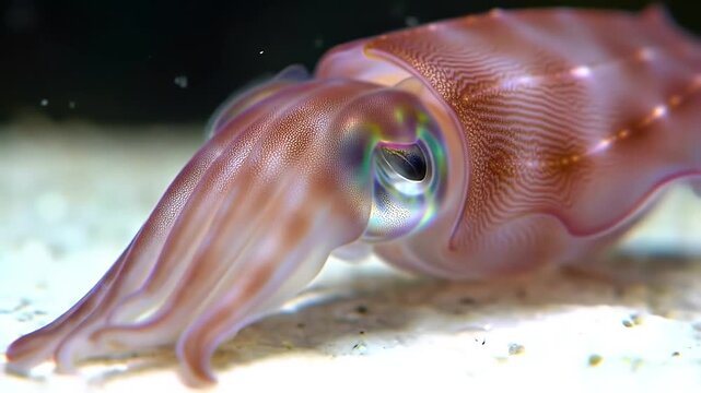 Purple and Orange Cuttlefish Close Up with Intricate Patterns and Texture on White Sand and Dark Background