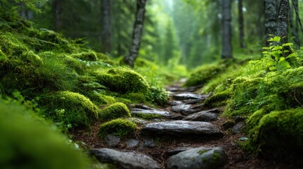 Fototapeta premium A serene path winding through a lush green forest, inviting exploration of the tranquil environment with its vibrant foliage and soothing natural beauty awaiting discovery.