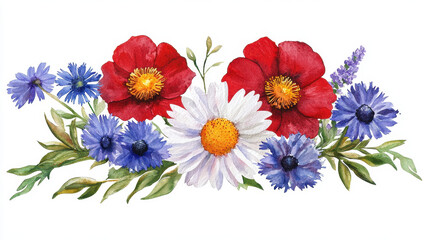 Vibrant watercolor botanical illustration featuring red poppies, white daisies, and blue cornflowers, evoking sense of natural
