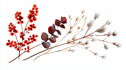 Watercolor botanical illustration of red berries, eucalyptus leaves, and white flowers, showcasing nature beauty and elegance