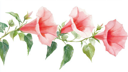 Watercolor botanical illustration of pink flowers with green leaves, showcasing delicate details and vibrant colors