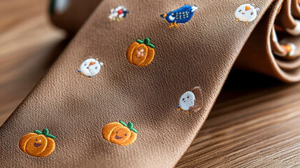 Whimsical Thanksgiving tie featuring embroidered pumpkins and cheerful birds, perfect for festive occasions
