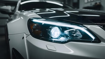 Close-up of a modern car's headlight with sleek design and illuminated lens