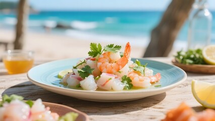 Fresh shrimp ceviche served on a plate with cilantro and lime, set against a beach backdrop.