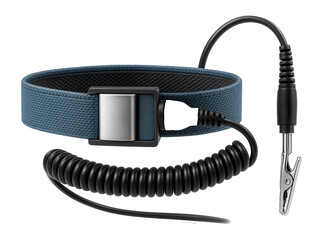 ESD-safe wrist strap with a grounding cord for static protection in electronics assembly.