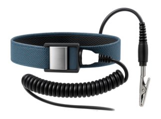 ESD-safe wrist strap with a grounding cord for static protection in electronics assembly.