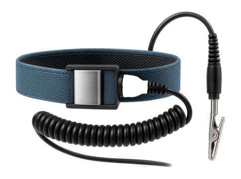 ESD-safe wrist strap with a grounding cord for static protection in electronics assembly.